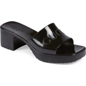Size 8 / 38 GUCCI Black Rubber Logo Platform Slide Sandal